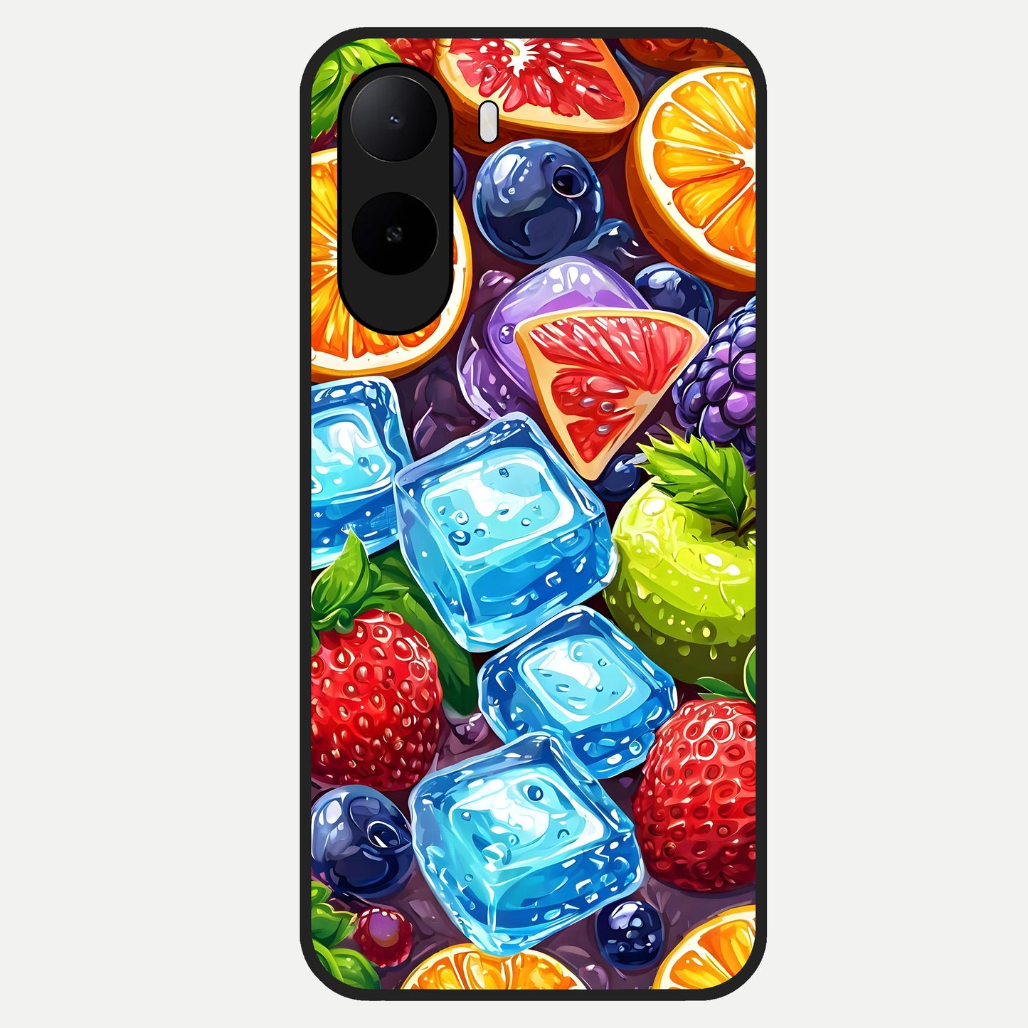  Colorful Fruits with Ice Glass Case For Poco C85x back cover – full design glossy printed glass finish