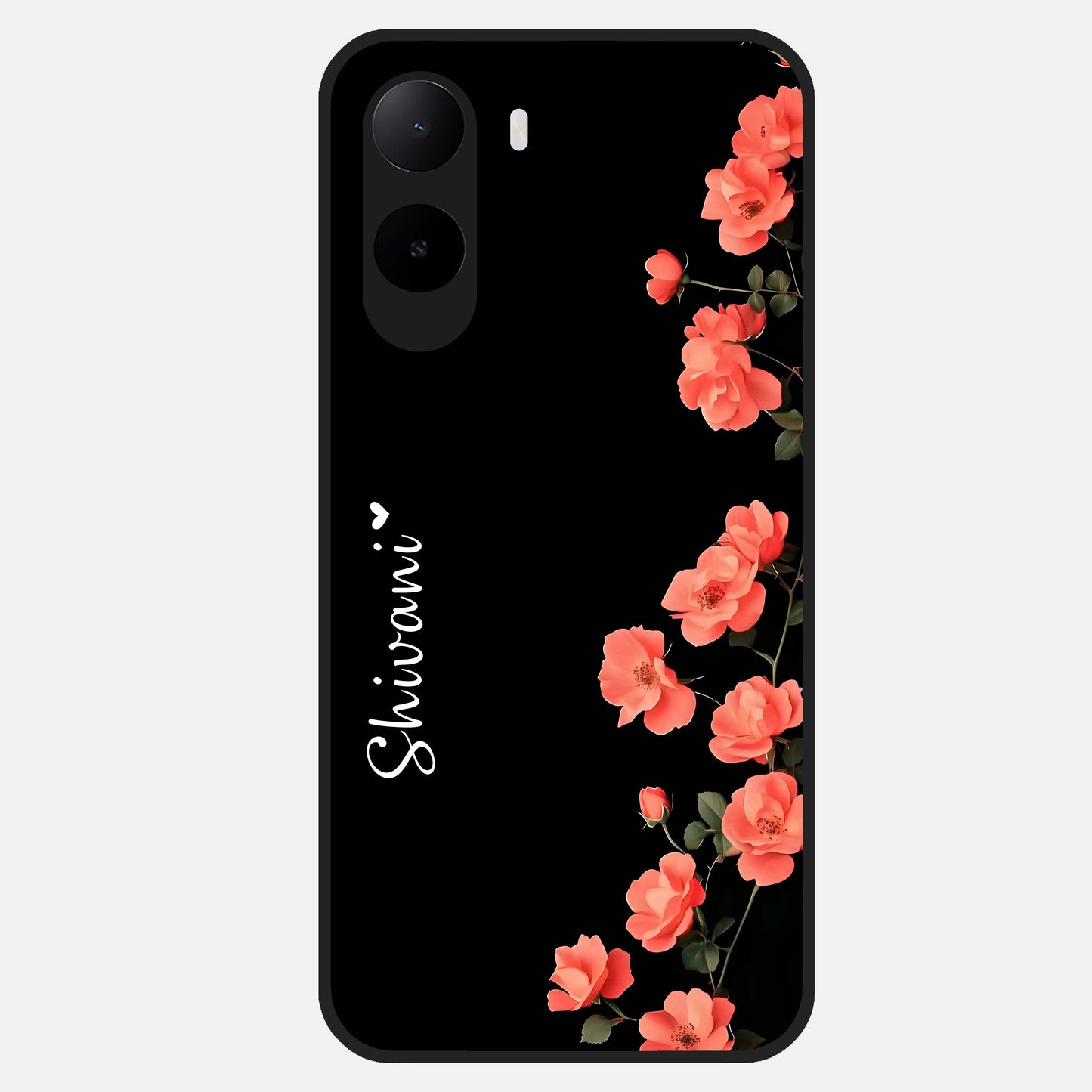  Crimson Bloom Grace Custom Name Glass Case For Poco C85x back cover – full design glossy printed glass finish