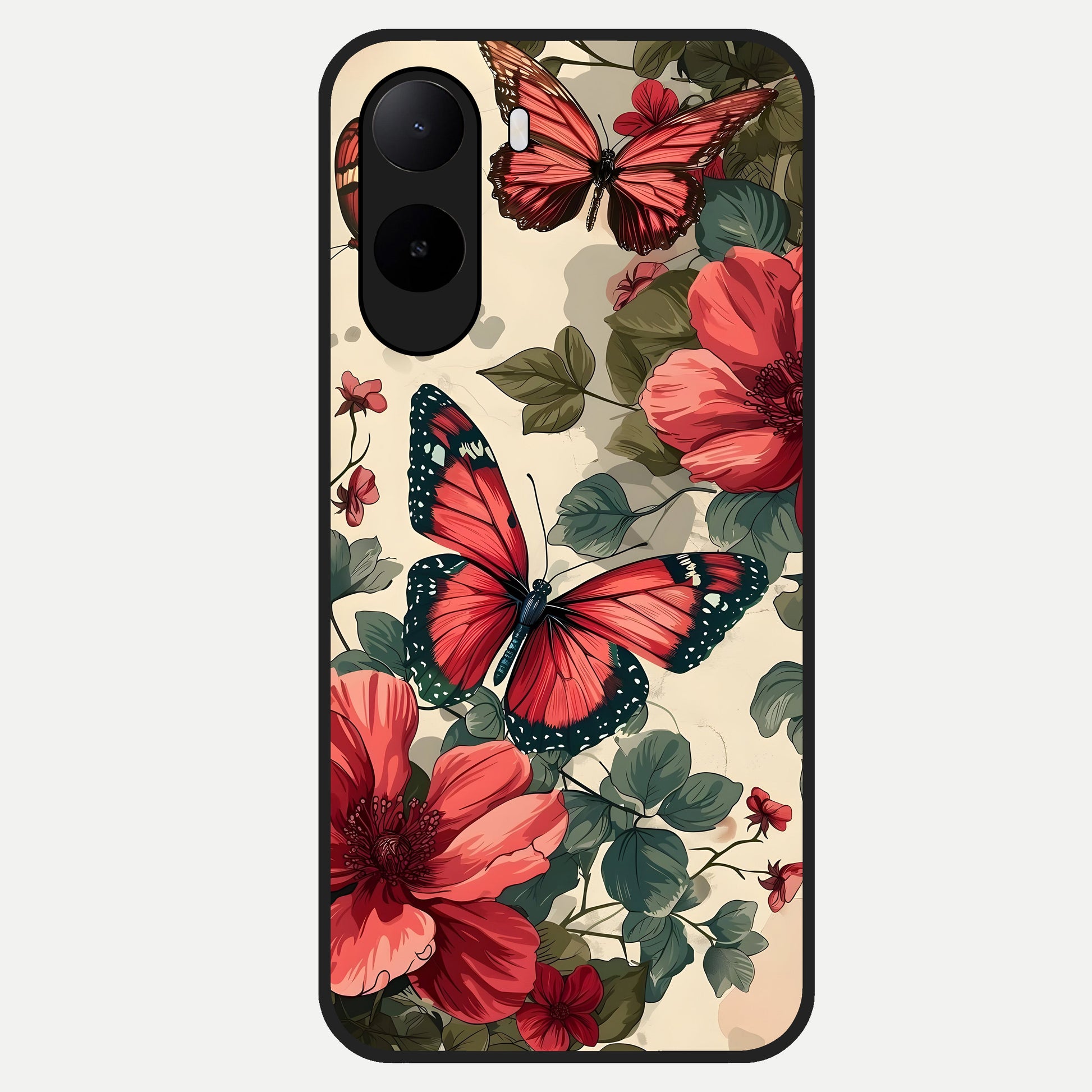  Crimson Butterfly Garden Glass Case For Poco C85x back cover – full design glossy printed glass finish