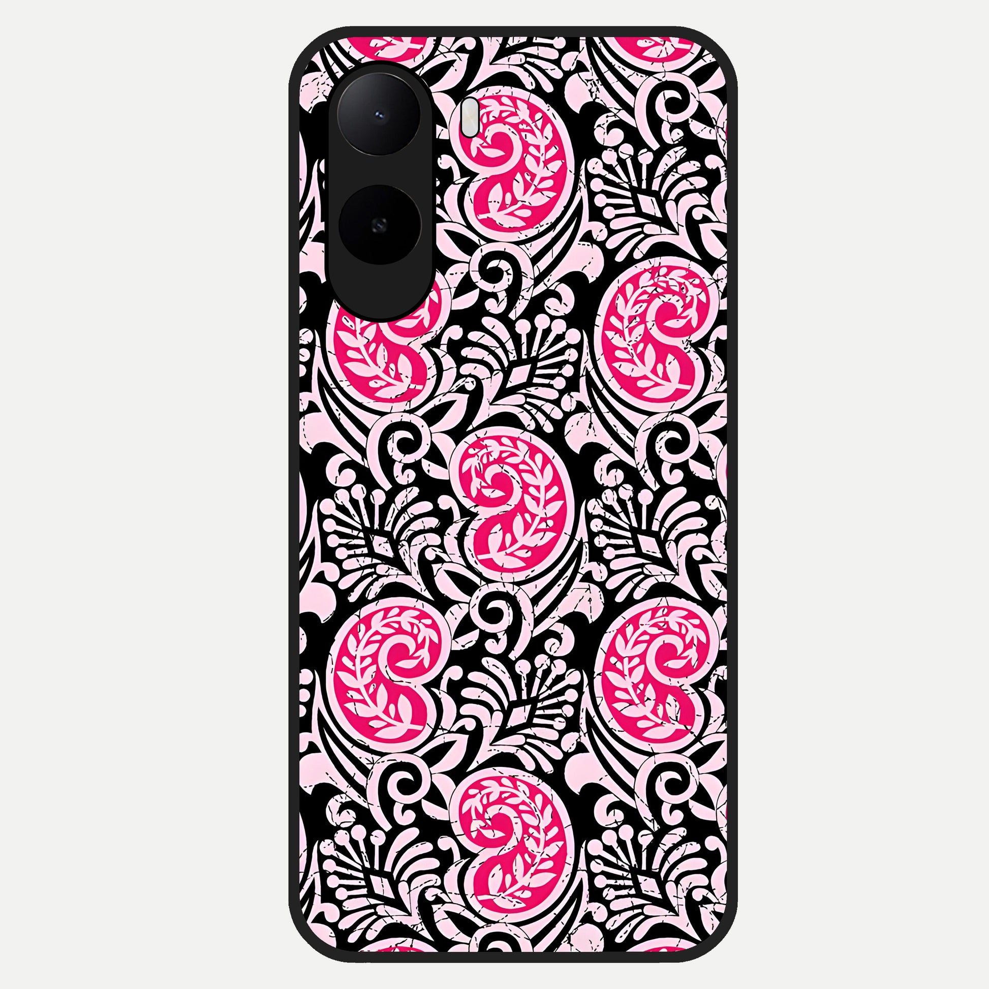  Crimson Paisley Charm Glass Case For Poco C85x back cover – full design glossy printed glass finish