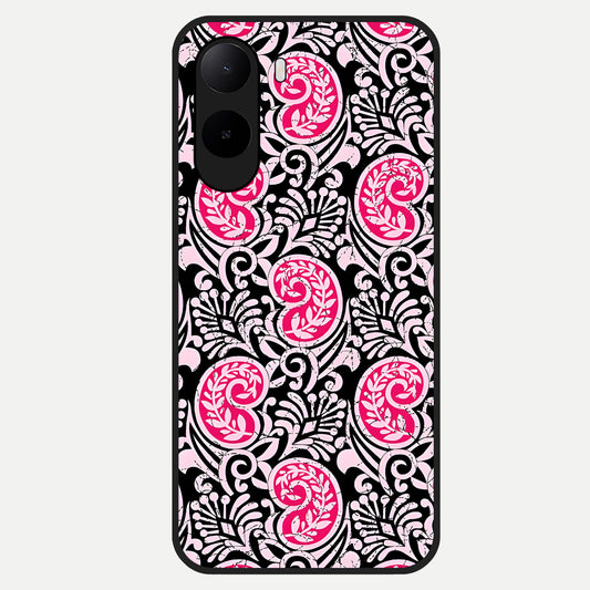  Crimson Paisley Charm Glass Case For Poco C85x back cover – full design glossy printed glass finish