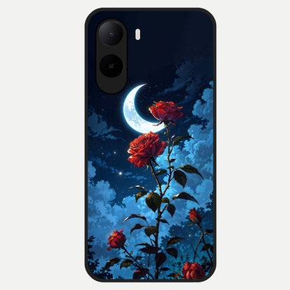  Crimson Rose Moon Glass Case For Poco C85x back cover – full design glossy printed glass finish