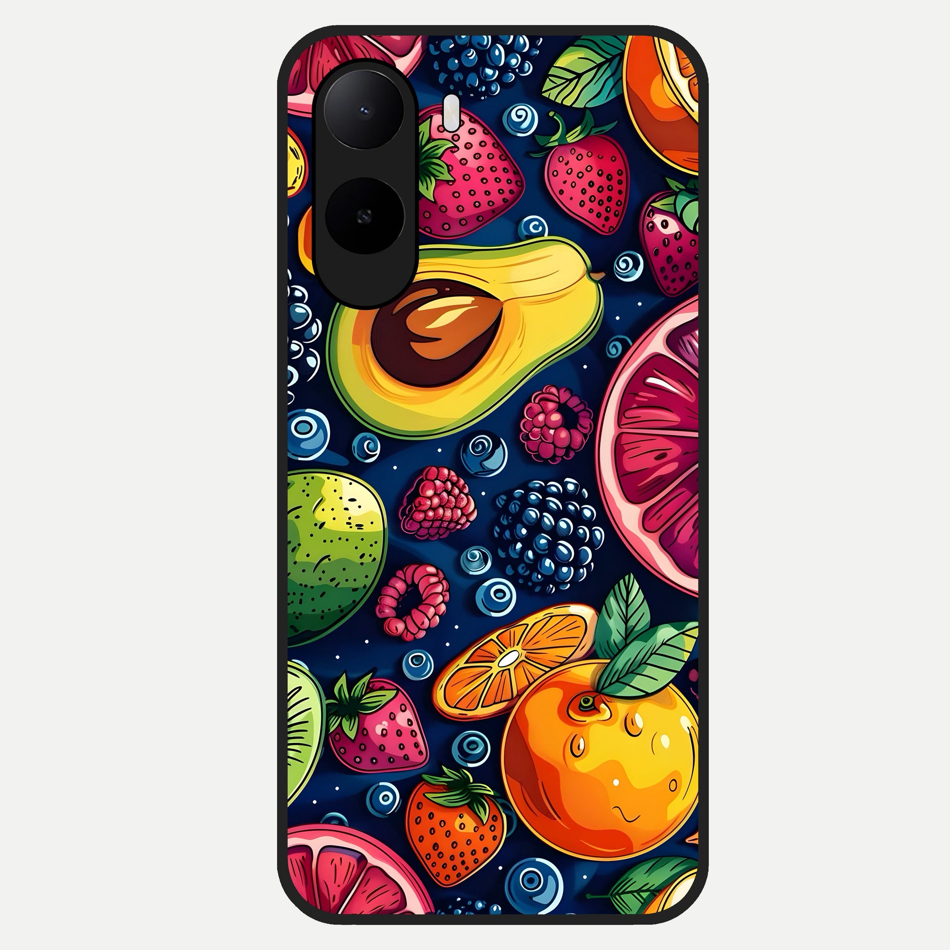  Cute Fruits Art Glass Case For Poco C85x back cover – full design glossy printed glass finish