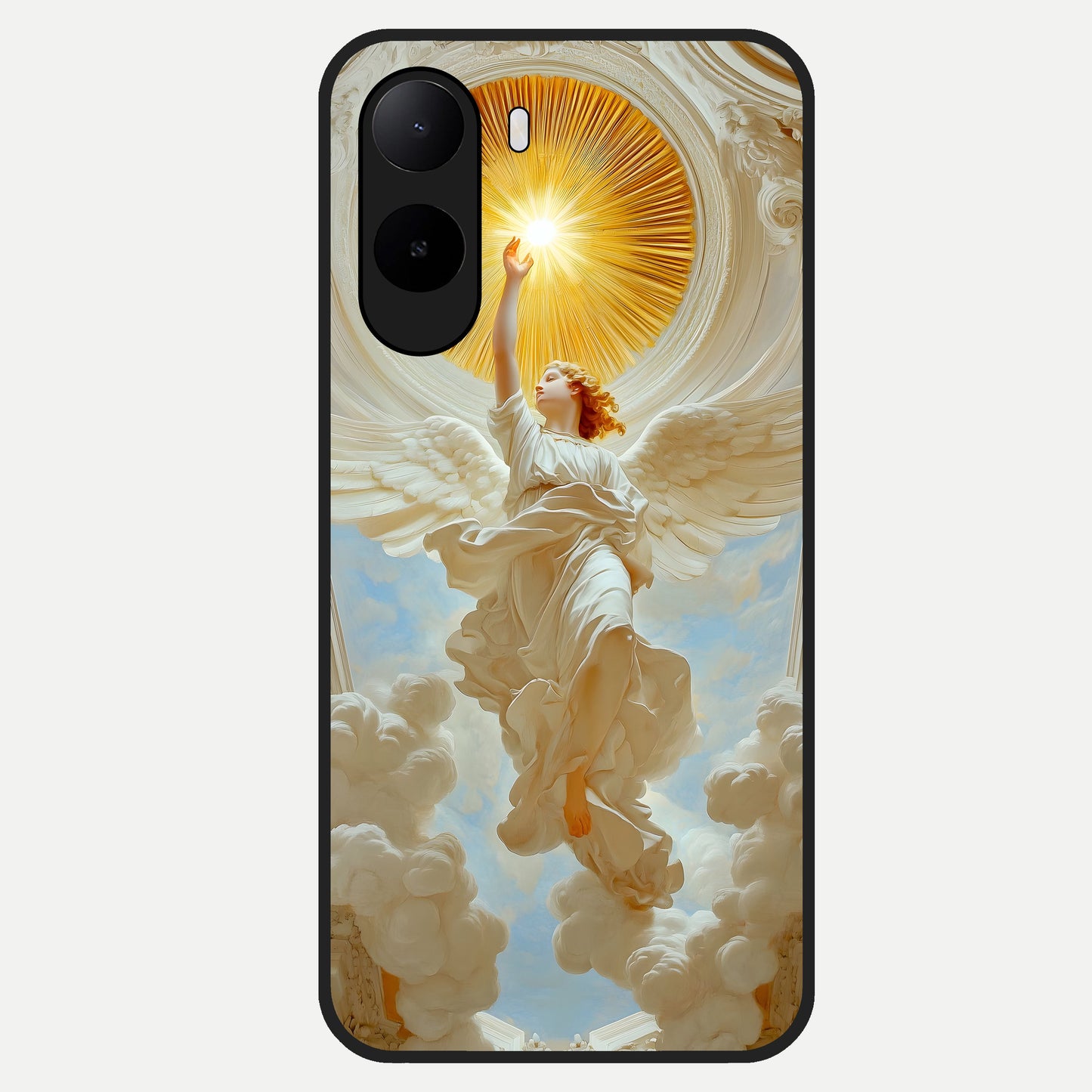  Divine Light Angel Glass Case For Poco C85x back cover – full design glossy printed glass finish