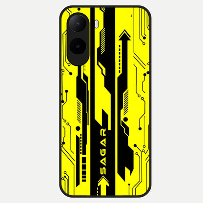 Electric Pulse CYBERPUNK Custom Name Glass Case For Poco C85x back cover – full design glossy printed glass finish