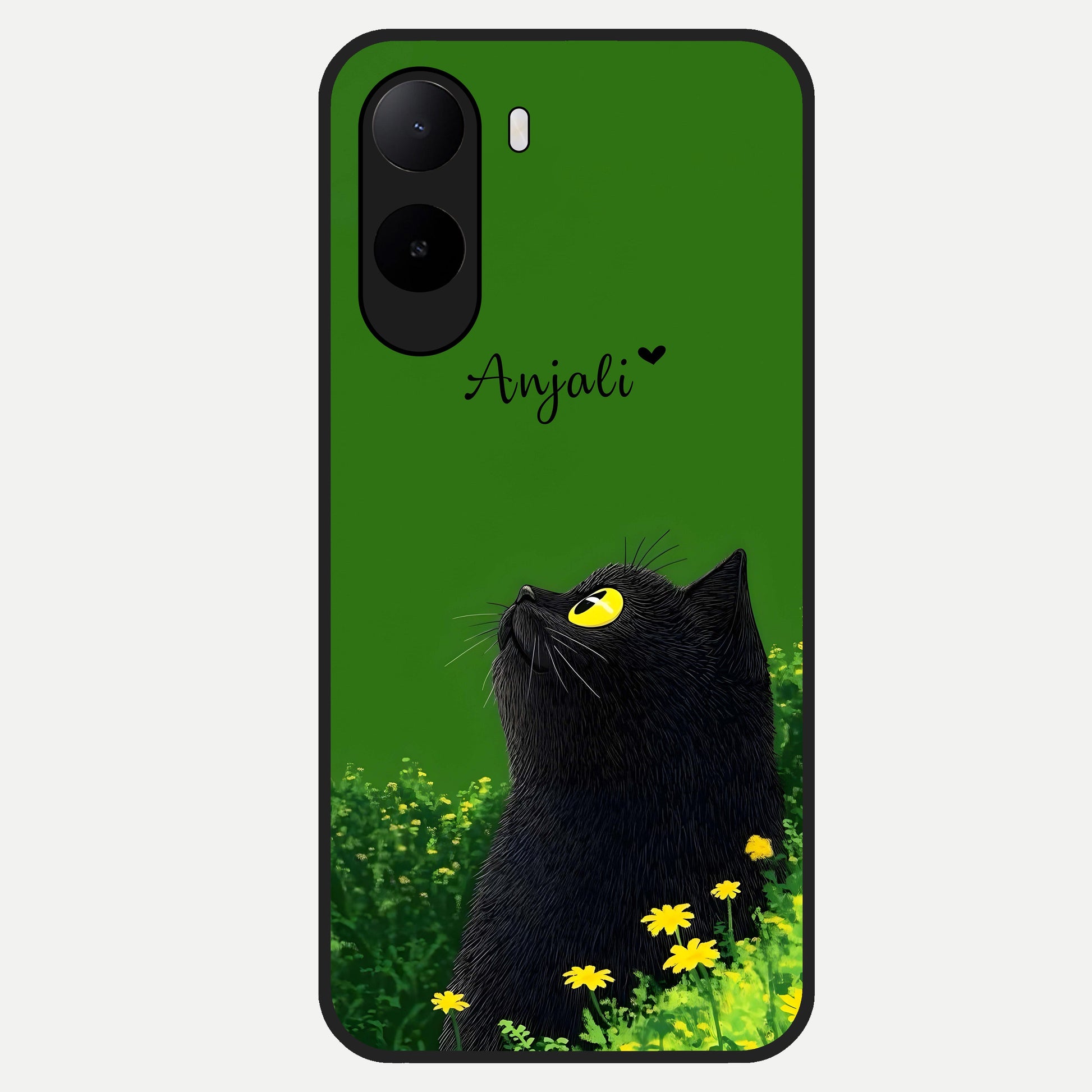  Emerald Cat Custom Name Glass Case For Poco C85x back cover – full design glossy printed glass finish