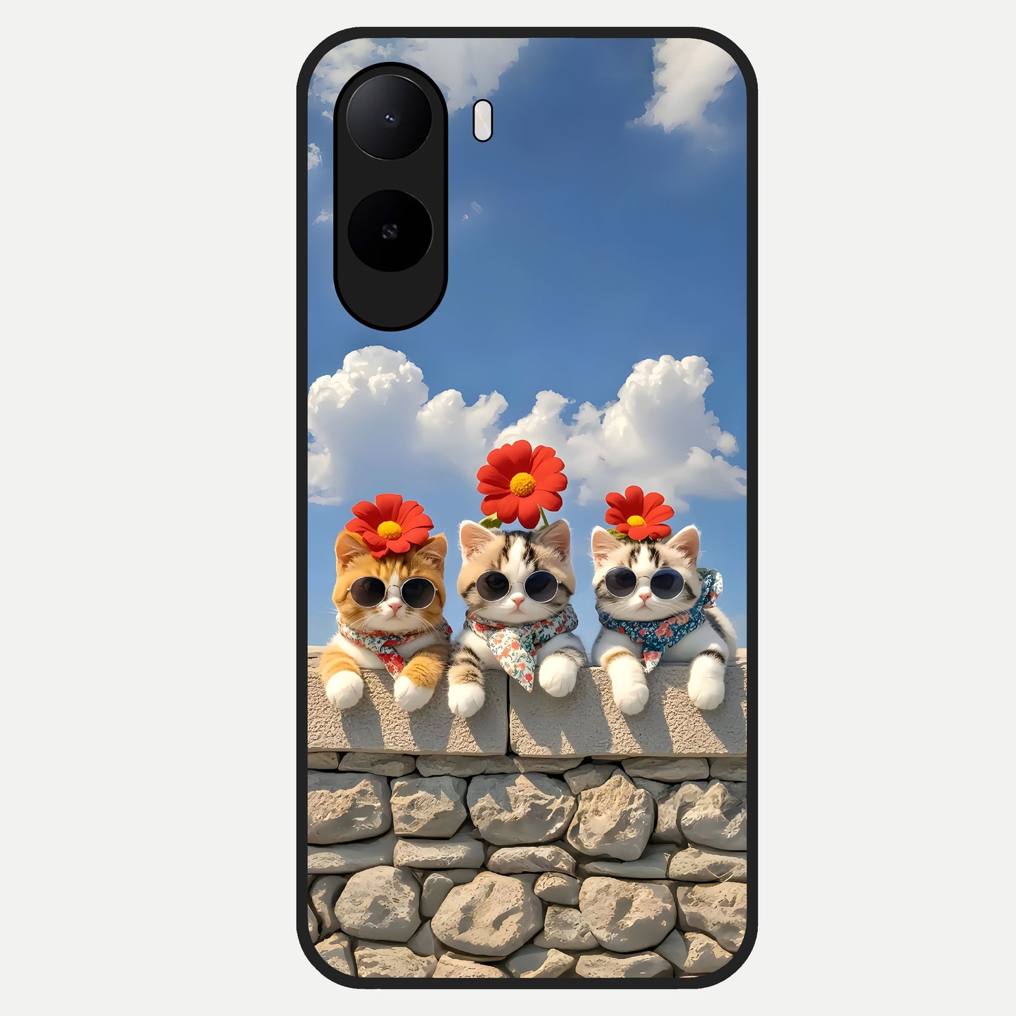  Floral Kitty Squad Glass Case For Poco C85x back cover – full design glossy printed glass finish