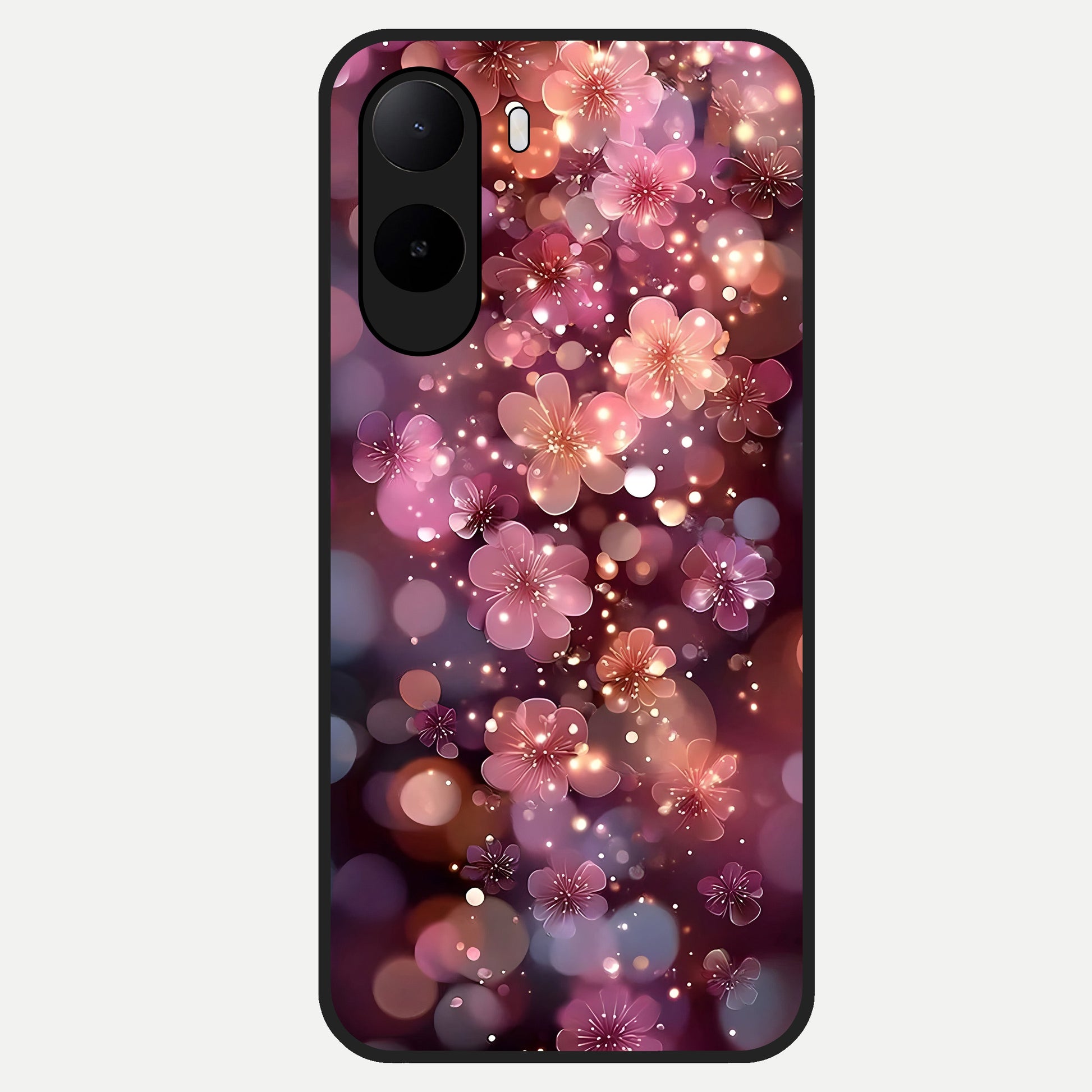  Glowing Petal Bliss Glass Case For Poco C85x back cover – full design glossy printed glass finish