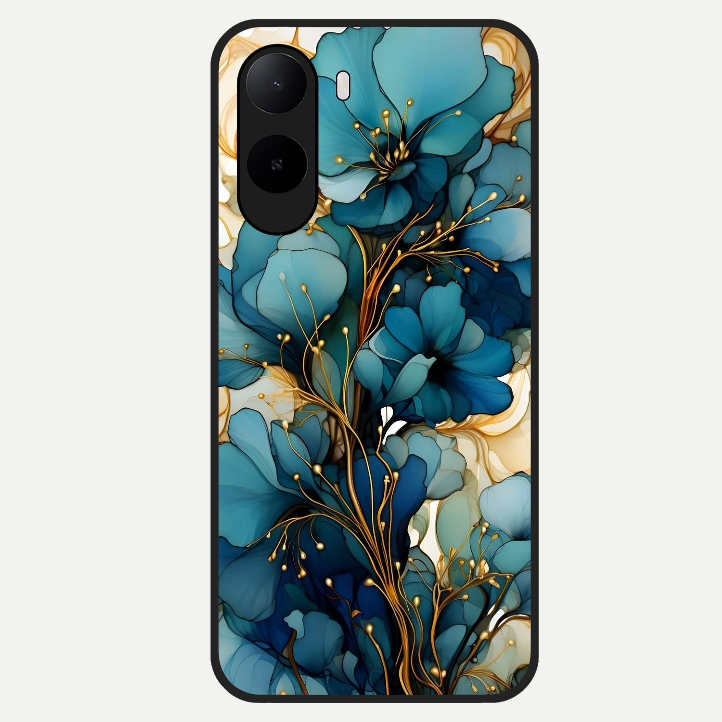  Golden Bloom Symphony Glass Case For Poco C85x back cover – full design glossy printed glass finish