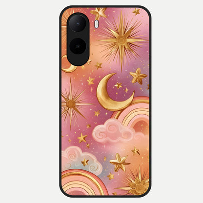  Golden Celestial Dreams Glass Case For Poco C85x back cover – full design glossy printed glass finish