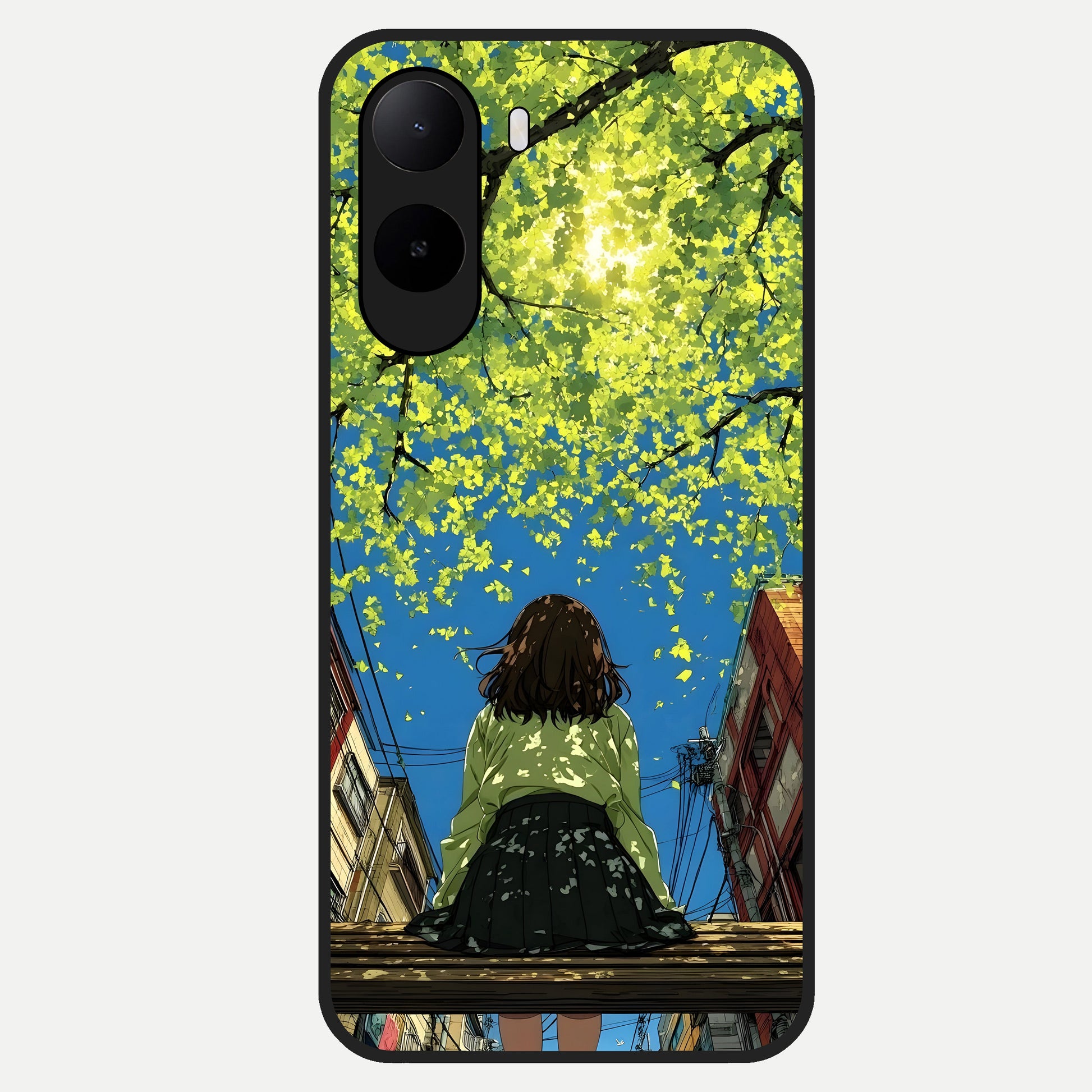  Golden Leaves Glow Glass Case For Poco C85x back cover – full design glossy printed glass finish