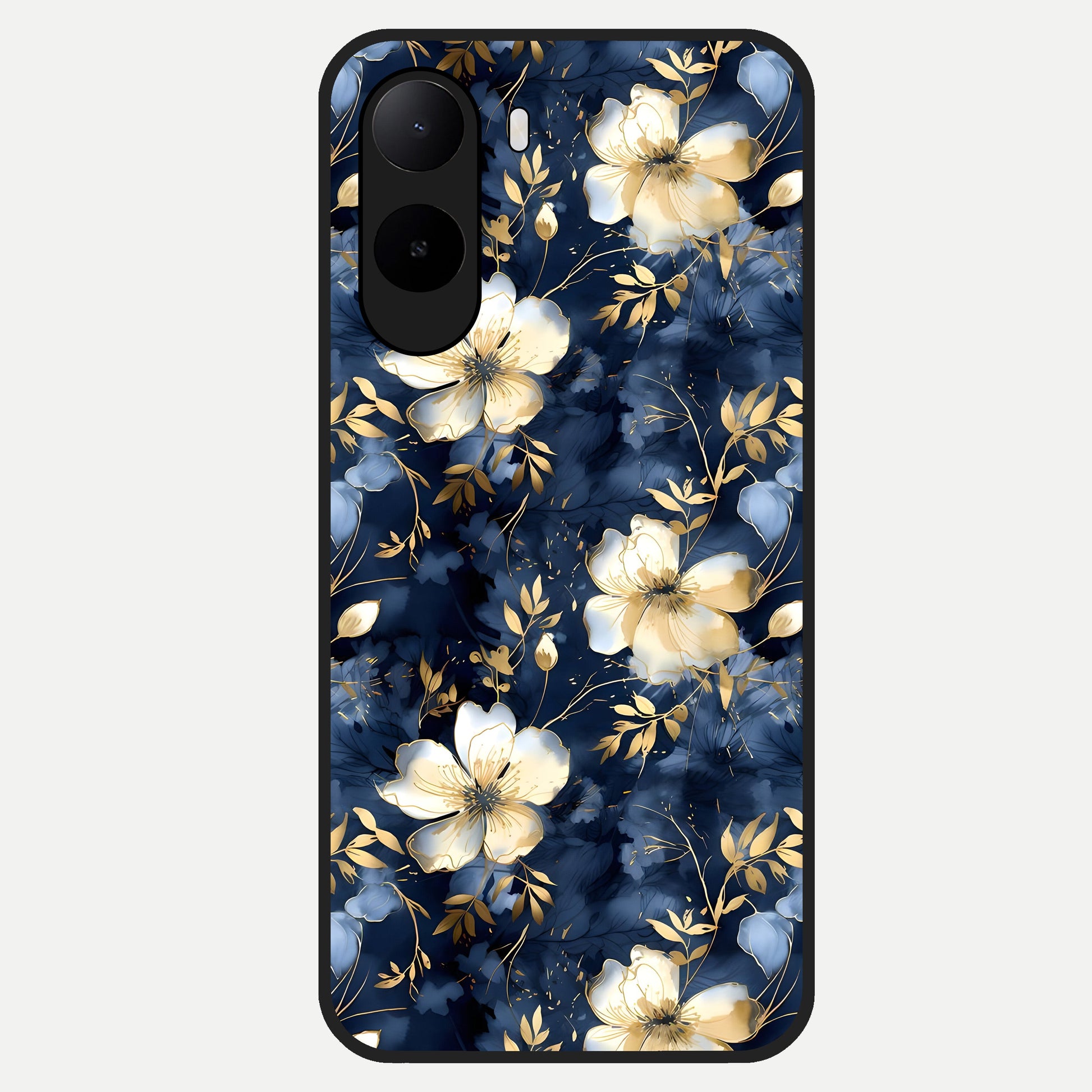  Golden Midnight Bloom Glass Case For Poco C85x back cover – full design glossy printed glass finish