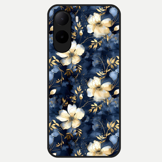  Golden Midnight Bloom Glass Case For Poco C85x back cover – full design glossy printed glass finish