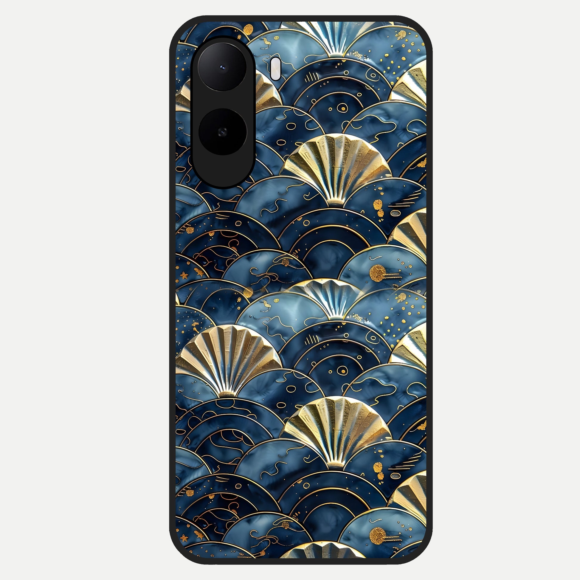  Golden Wave Luxe Glass Case For Poco C85x back cover – full design glossy printed glass finish