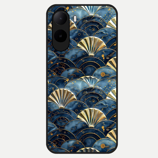  Golden Wave Luxe Glass Case For Poco C85x back cover – full design glossy printed glass finish