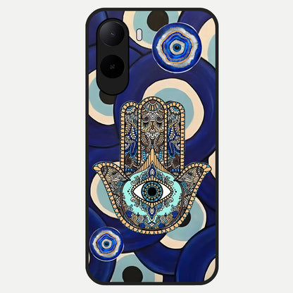  Hamsa Divine Guard Glass Case For Poco C85x back cover – full design glossy printed glass finish