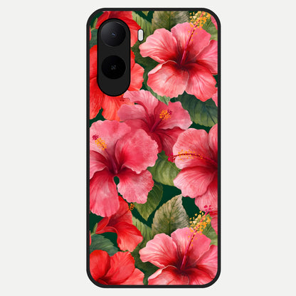  Hibiscus Pattern Glass Case For Poco C85x back cover – full design glossy printed glass finish