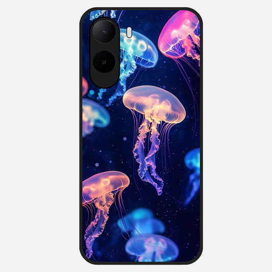  Jellyfish Pattern Glass Case For Poco C85x back cover – full design glossy printed glass finish