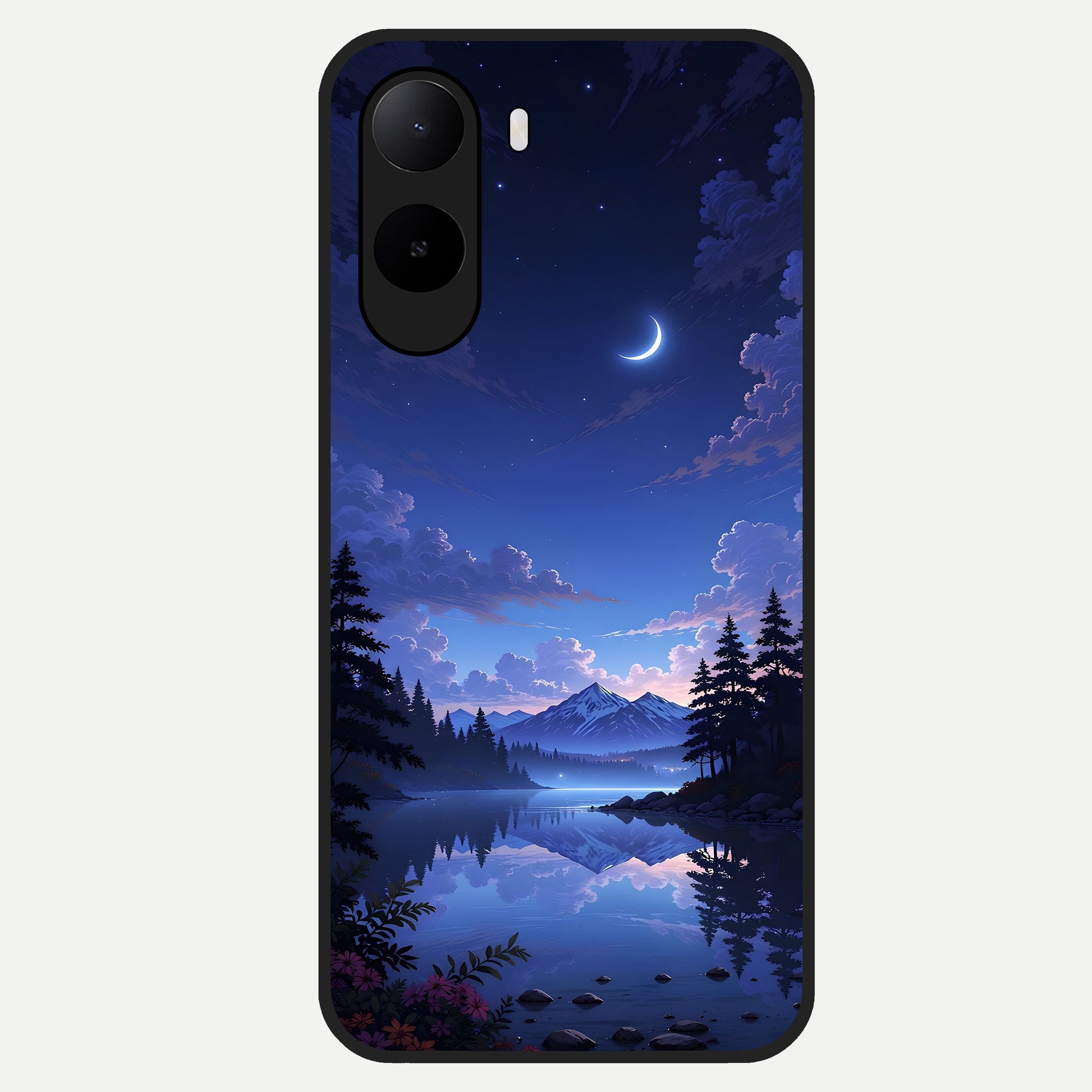 Midnight Lake Peace Glass Case For Poco C85x back cover – full design glossy printed glass finish