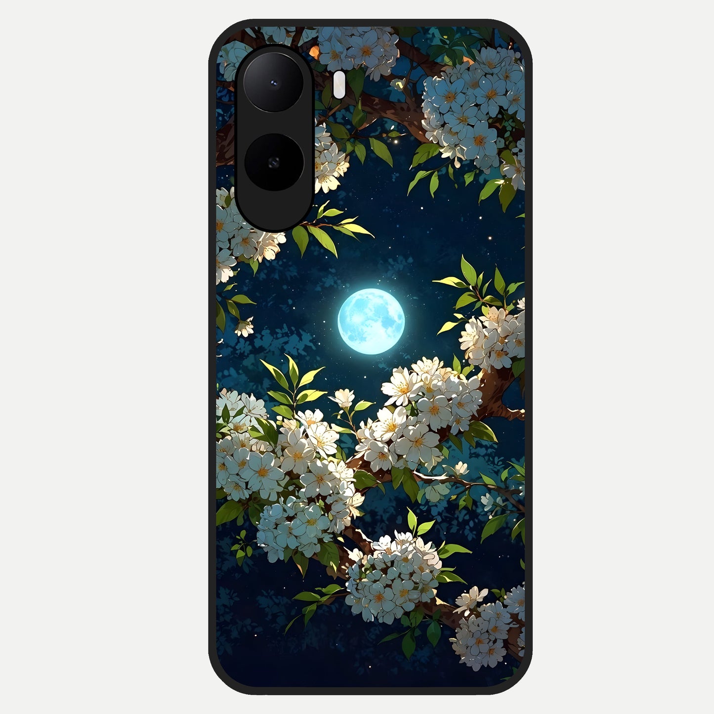  Moonlit Blossom Dream Glass Case For Poco C85x back cover – full design glossy printed glass finish