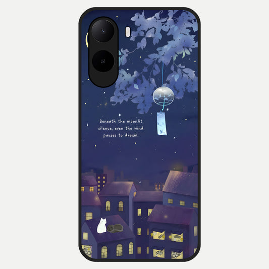  Moonlit Cat Silence Glass Case For Poco C85x back cover – full design glossy printed glass finish