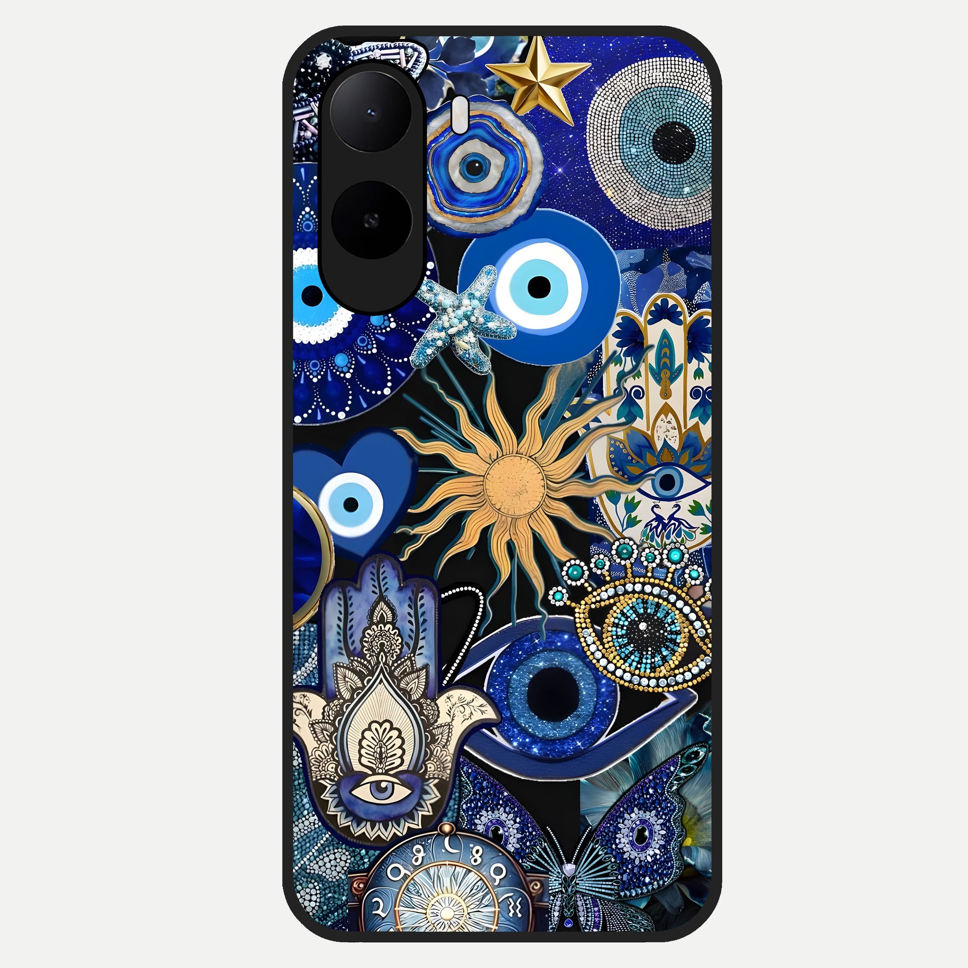  Mystic Blue Evil Eye Glass Case For Poco C85x back cover – full design glossy printed glass finish
