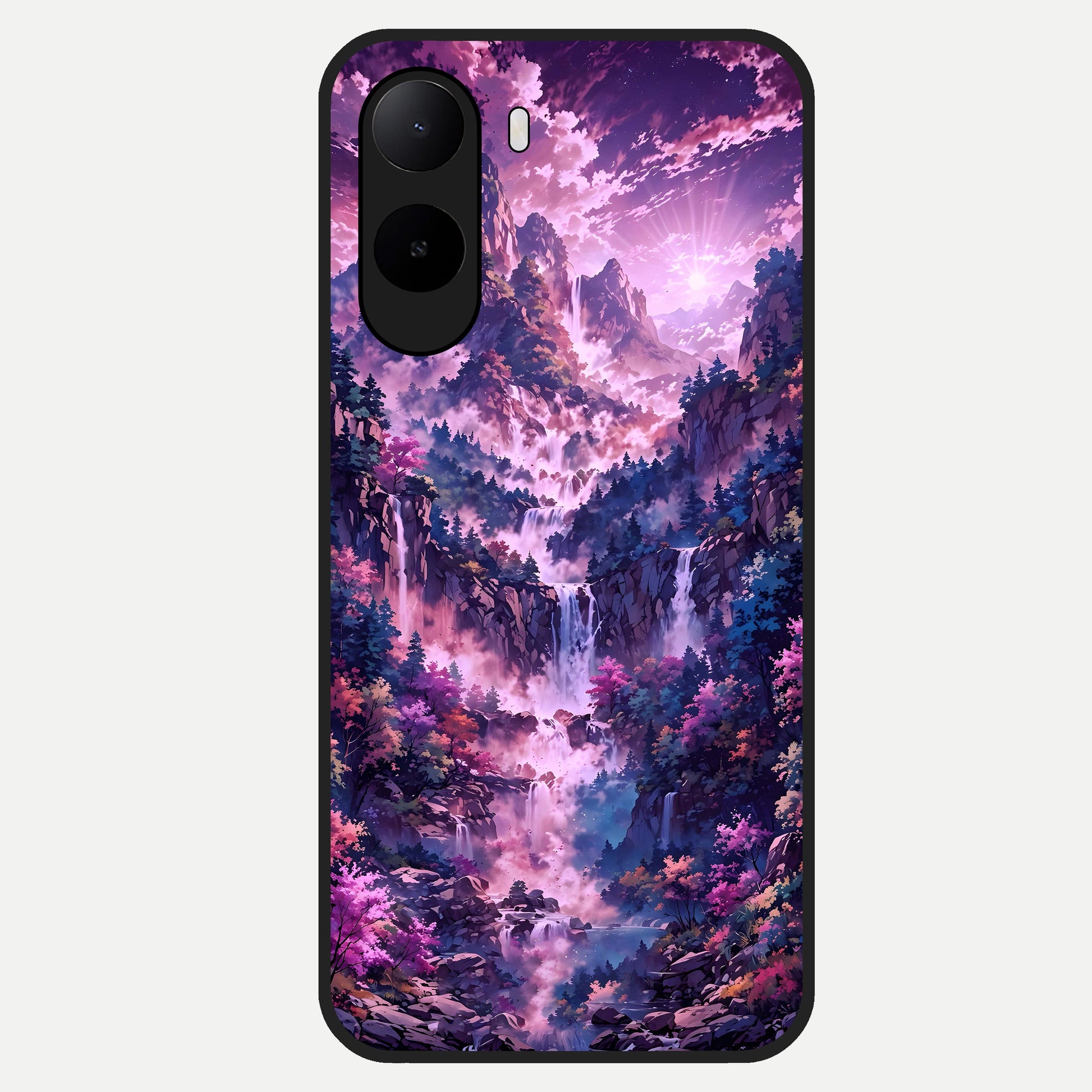  Mystic Cascade Peaks Glass Case For Poco C85x back cover – full design glossy printed glass finish