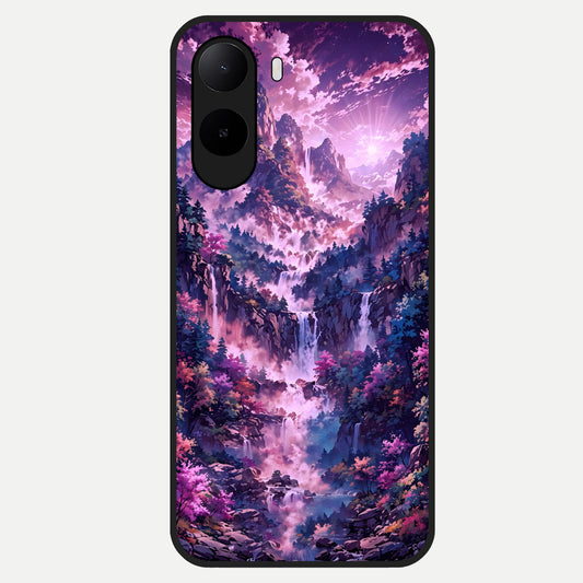  Mystic Cascade Peaks Glass Case For Poco C85x back cover – full design glossy printed glass finish