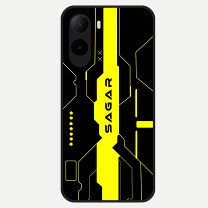  Neon CYBERPUNK Custom Name Glass Case For Poco C85x back cover – full design glossy printed glass finish