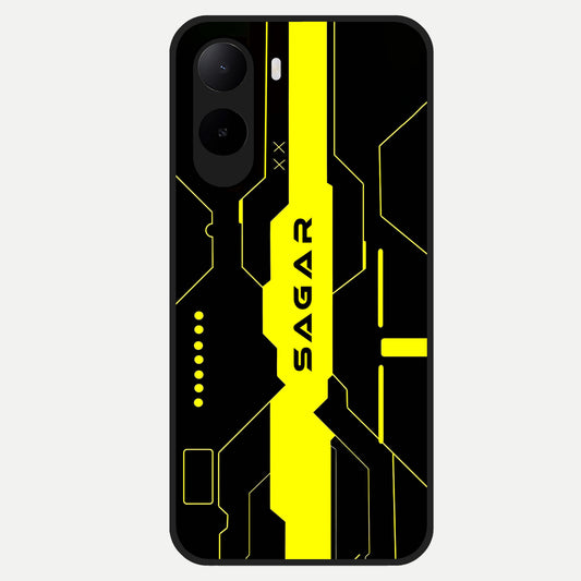  Neon CYBERPUNK Custom Name Glass Case For Poco C85x back cover – full design glossy printed glass finish