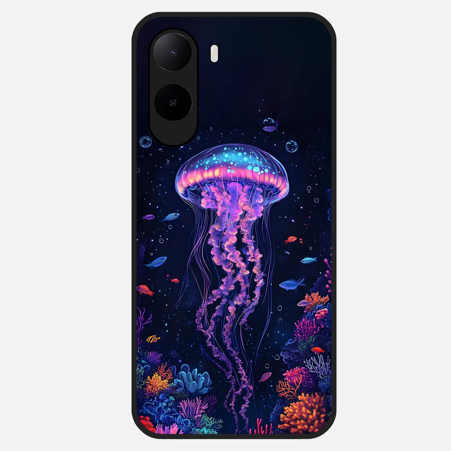  Neon Jellyfish Glass Case For Poco C85x back cover – full design glossy printed glass finish