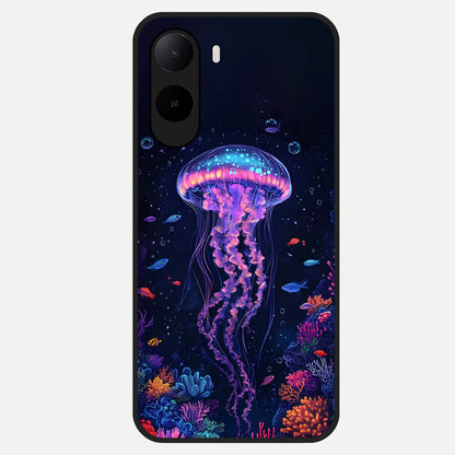  Neon Jellyfish Glass Case For Poco C85x back cover – full design glossy printed glass finish