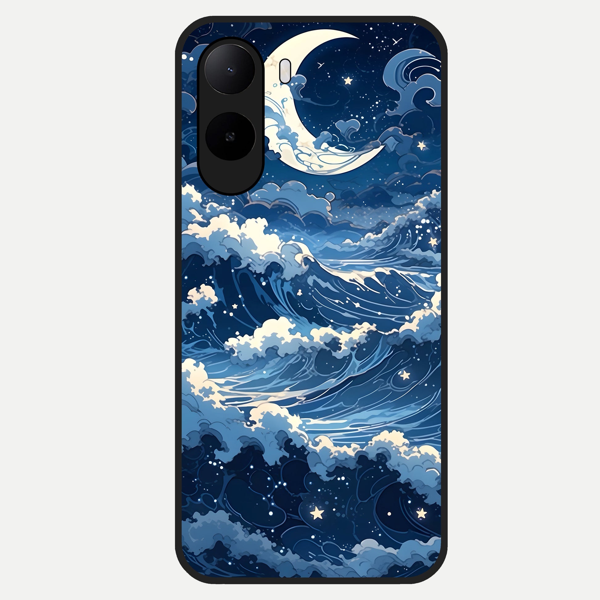  Ocean Moon Waves Glass Case For Poco C85x back cover – full design glossy printed glass finish