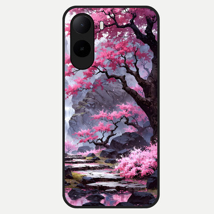  Pink Sunflower Glow Glass Case For Poco C85x back cover – full design glossy printed glass finish