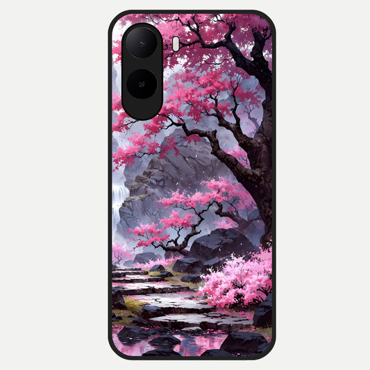  Pink Sunflower Glow Glass Case For Poco C85x back cover – full design glossy printed glass finish