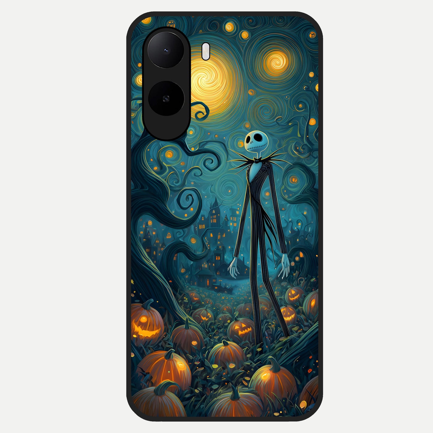  Pumpkin Moon Night Glass Case For Poco C85x back cover – full design glossy printed glass finish