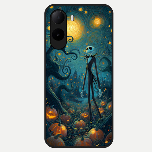  Pumpkin Moon Night Glass Case For Poco C85x back cover – full design glossy printed glass finish