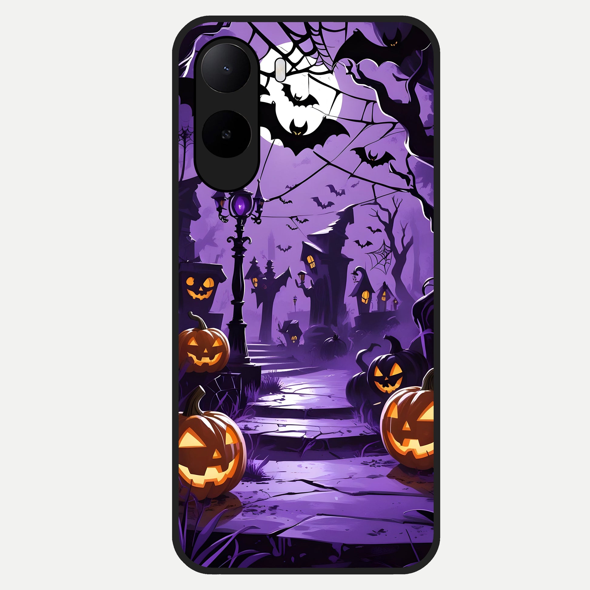 Pumpkin Patch Halloween Glass Case For Poco C85x back cover – full design glossy printed glass finish