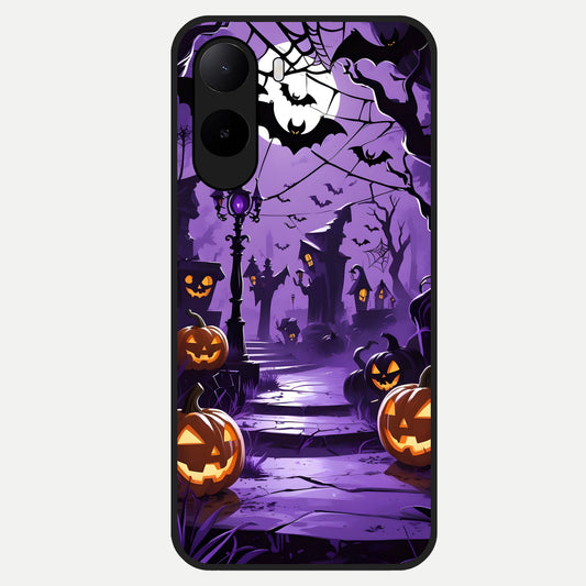  Pumpkin Patch Halloween Glass Case For Poco C85x back cover – full design glossy printed glass finish