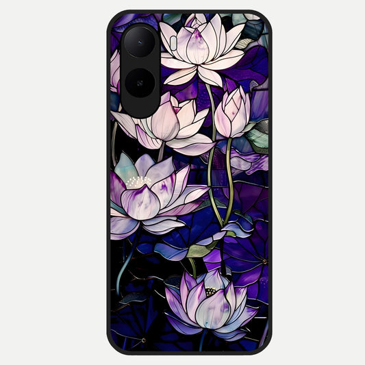  Purple Lotus Pattern Glass Case For Poco C85x back cover – full design glossy printed glass finish