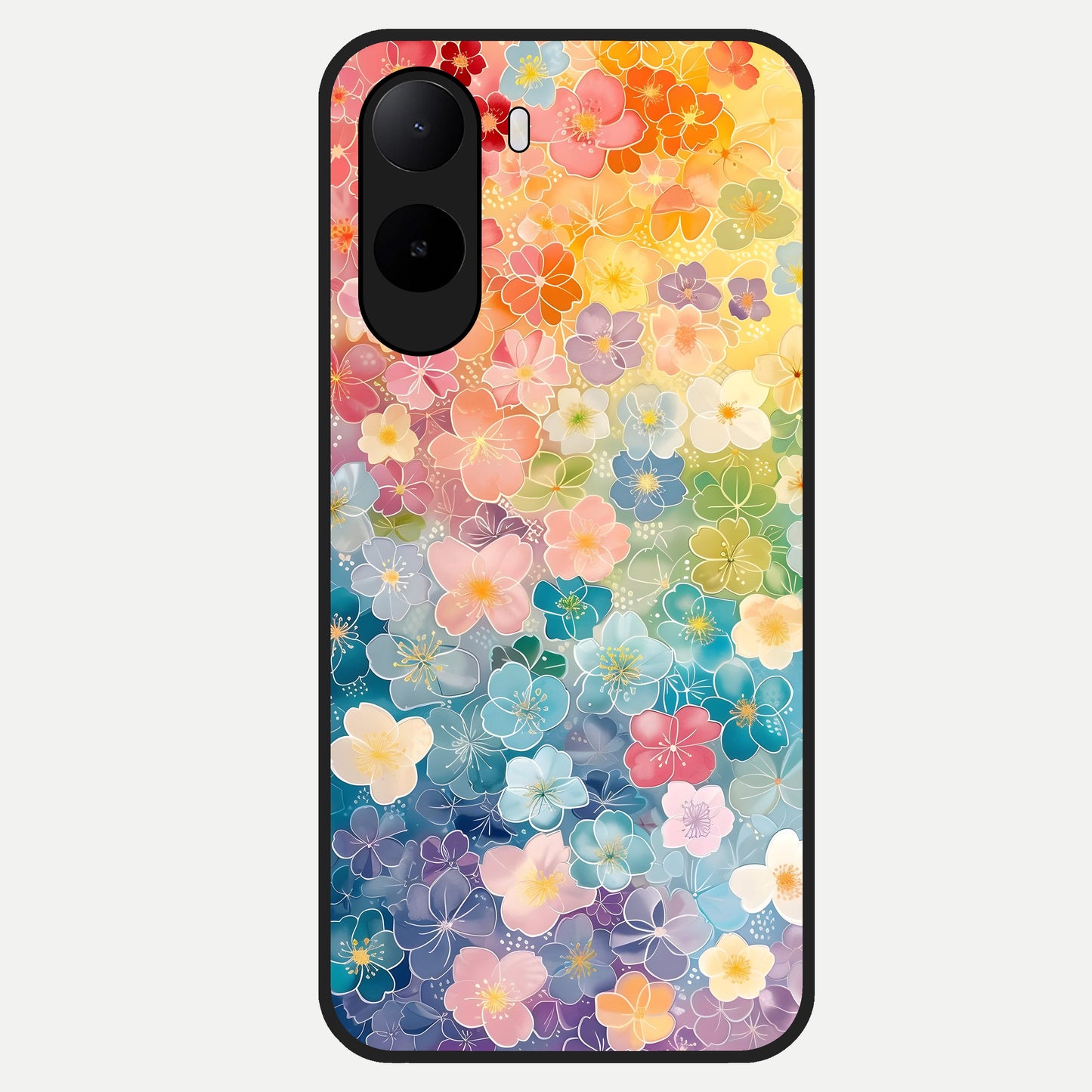  Rainbow Blossom Burst Glass Case For Poco C85x back cover – full design glossy printed glass finish