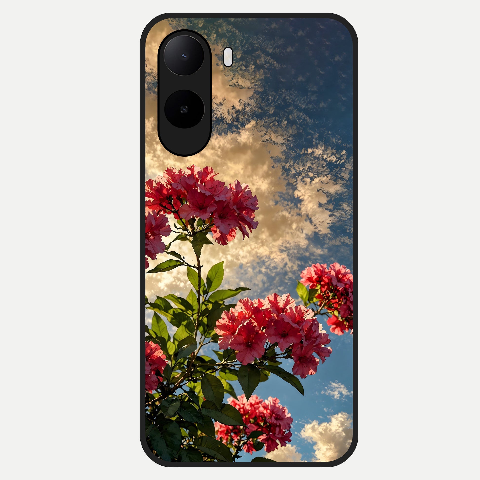  Red Bloom Skies Glass Case For Poco C85x back cover – full design glossy printed glass finish