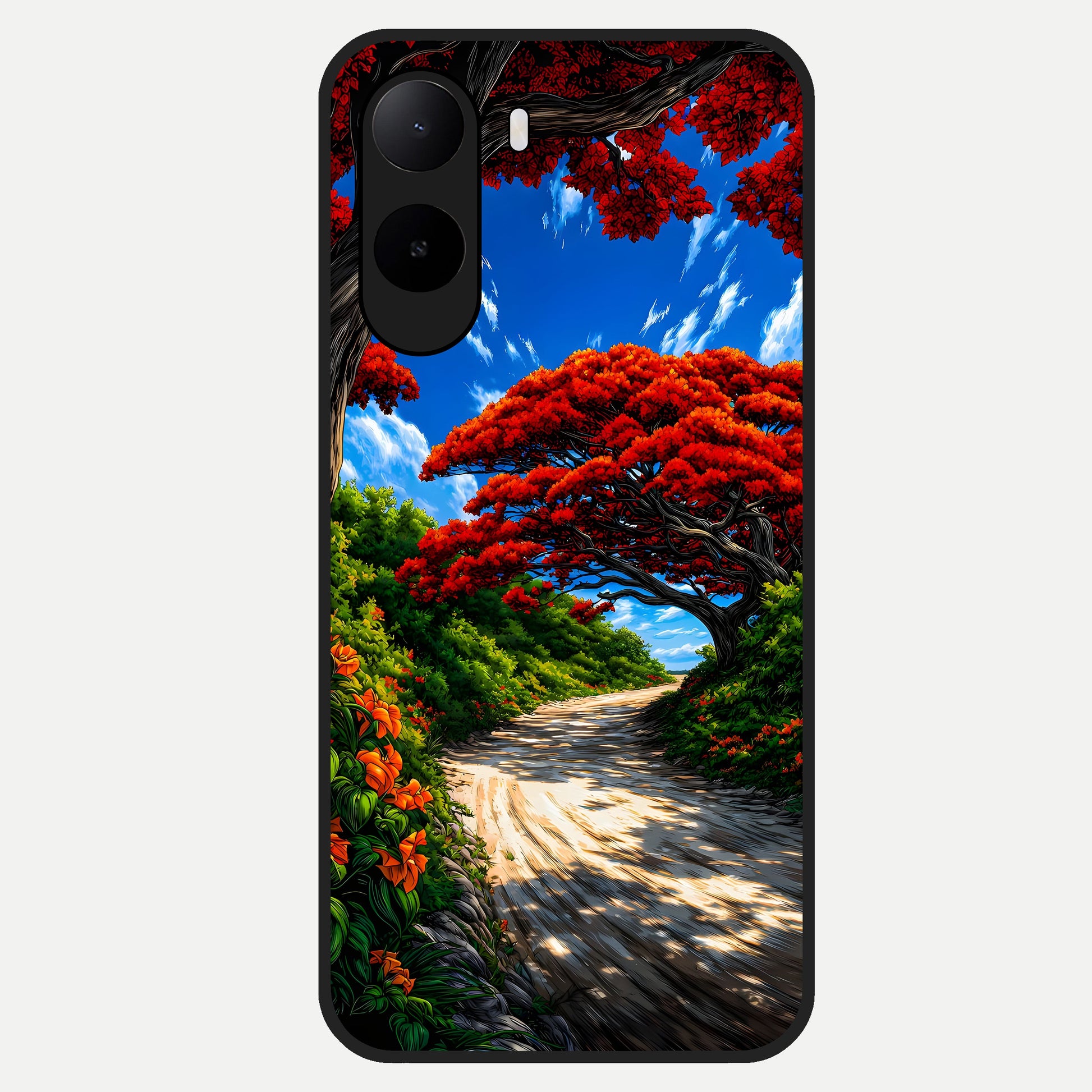  Red Trees Pathway Glass Case For Poco C85x back cover – full design glossy printed glass finish