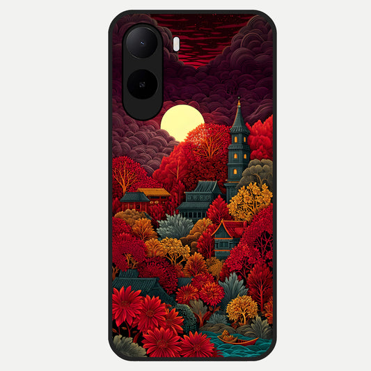  Scarlet Autumn Temple Glass Case For Poco C85x back cover – full design glossy printed glass finish