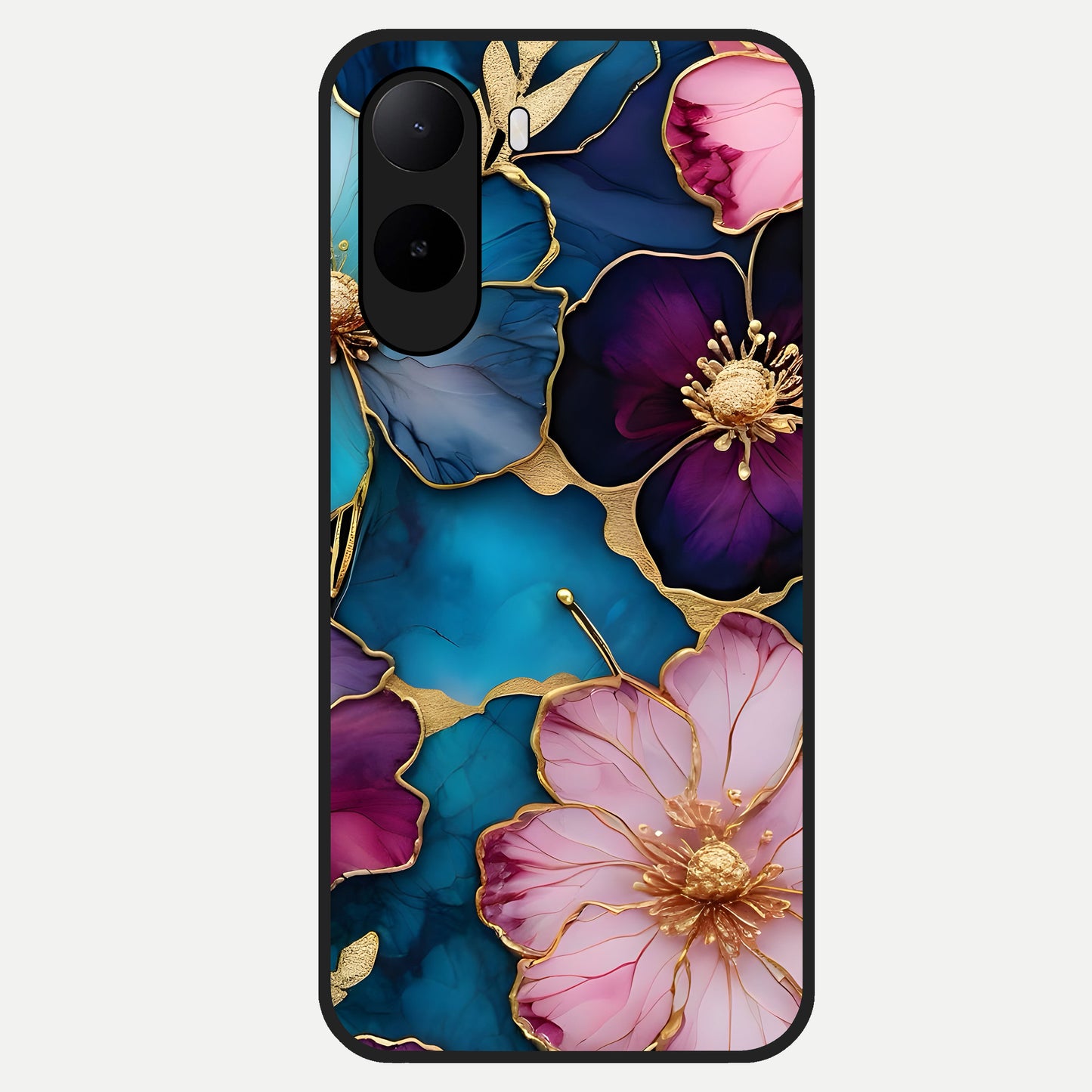  Sparkle Floral Glass Case For Poco C85x back cover – full design glossy printed glass finish