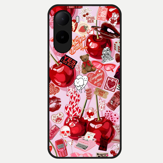  Sweet Cherry Chaos Glass Case For Poco C85x back cover – full design glossy printed glass finish