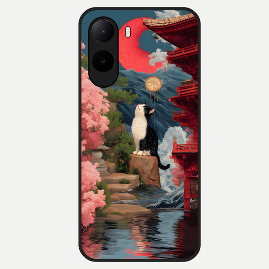  Temple Cat Scenery Glass Case For Poco C85x back cover – full design glossy printed glass finish