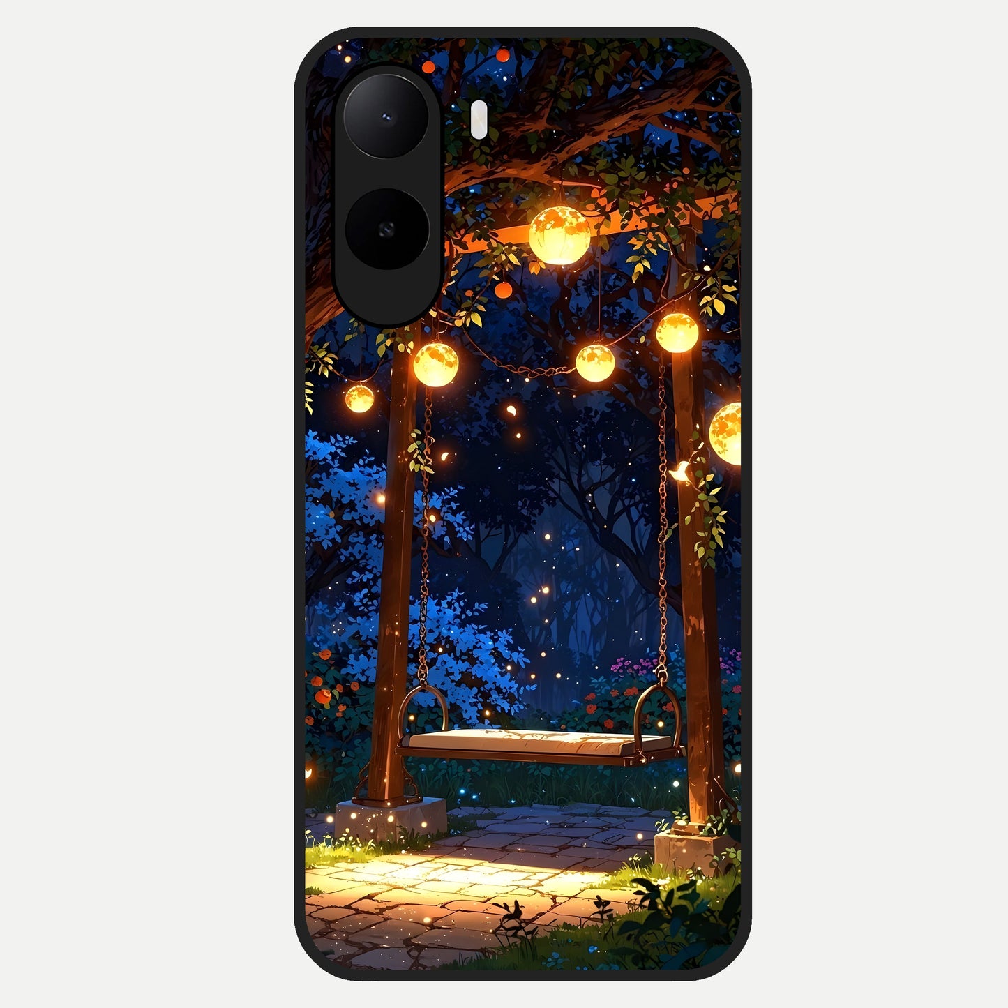  Twilight Garden Swing Glass Case For Poco C85x back cover – full design glossy printed glass finish