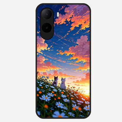  Two Cats Friends Glass Case For Poco C85x back cover – full design glossy printed glass finish