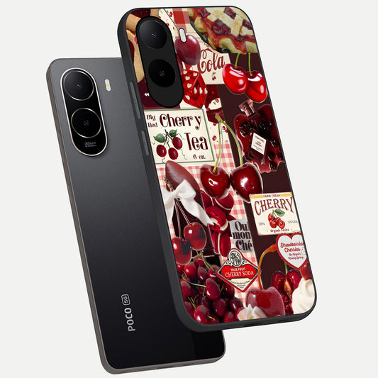  Aesthetic Cherry Tea phone case For Poco C85x showing premium glass back cover with detailed artwork